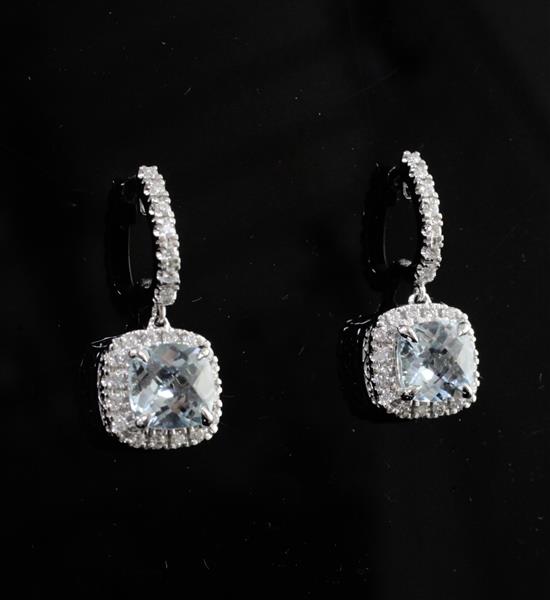 A pair of modern 18ct white gold, aquamarine and diamond set drop earrings, 22mm.